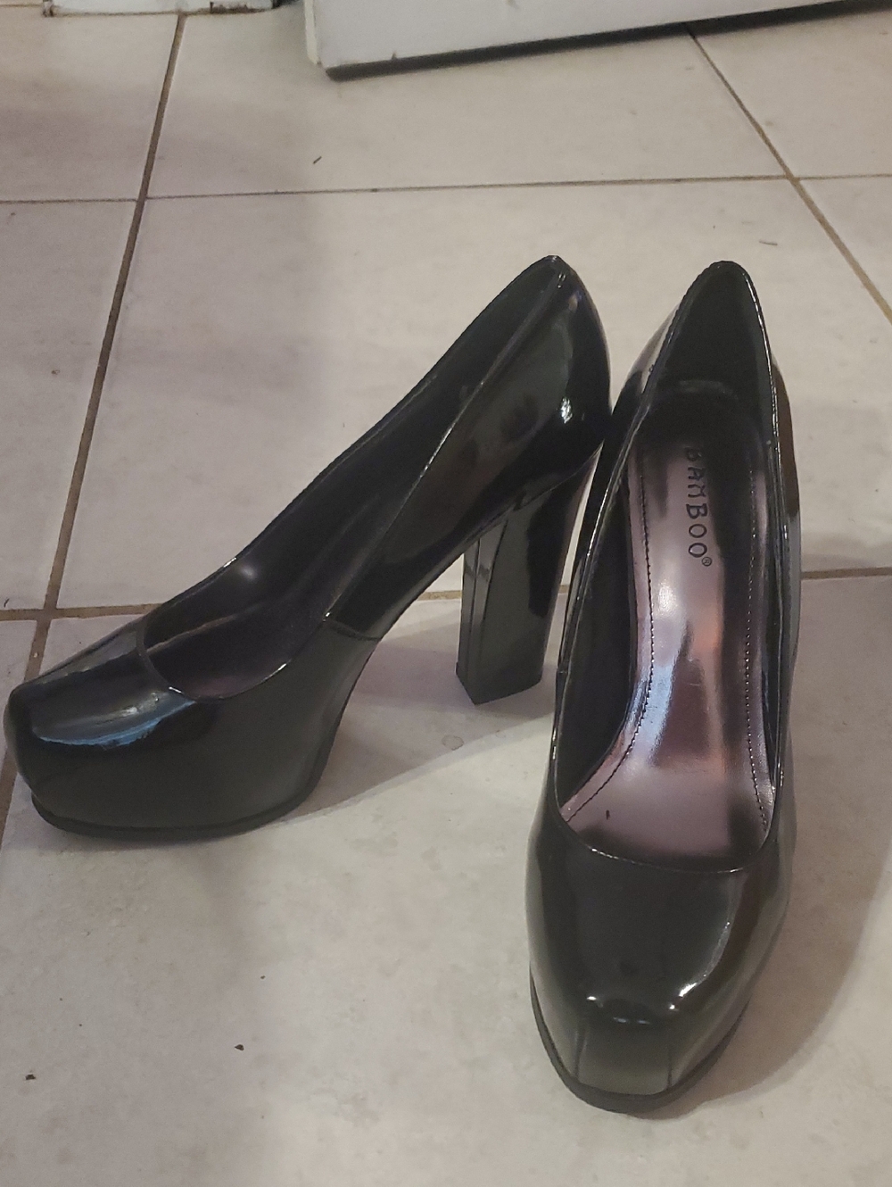 BAMBOO Black Patent Platform Block Heel Pumps